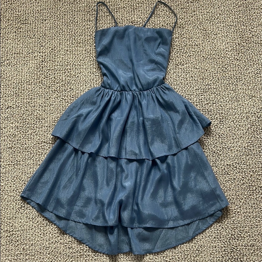 Lucy in the Sky Blue Shiny Iridescent Ruffle Lace Up Mini Dress